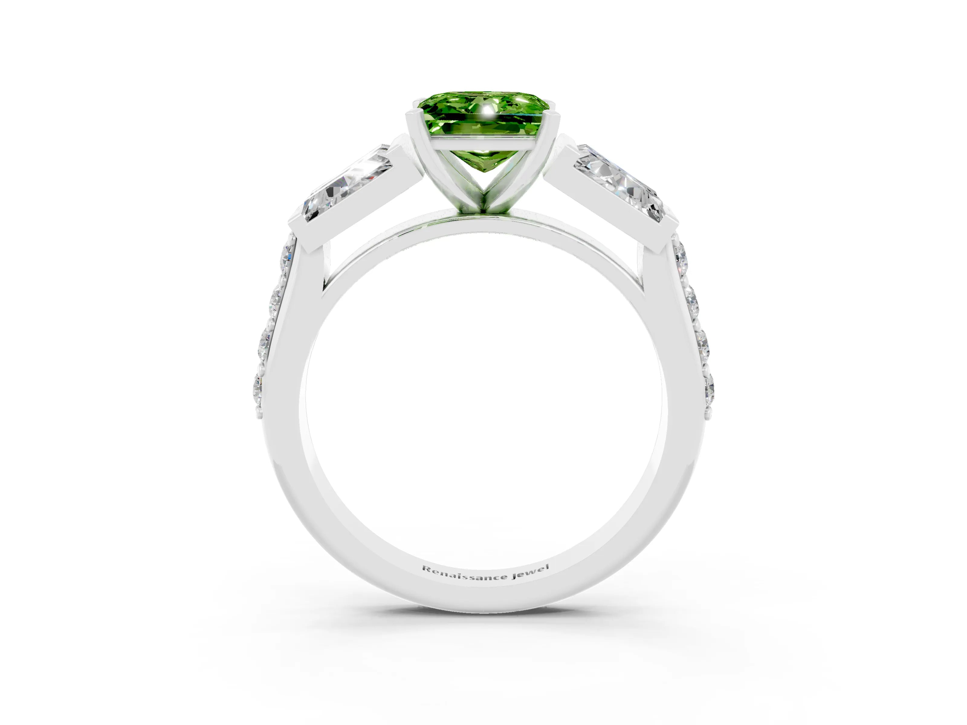 White gold Princess Cut Peridot Engagement Ring with Baguette Side Stones and Channel Set Band_3