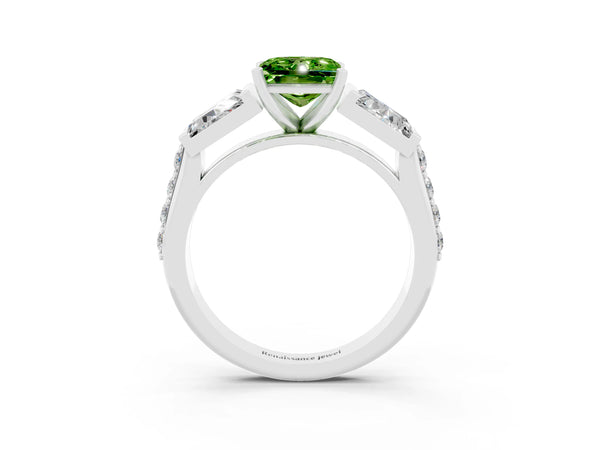 White gold Princess Cut Peridot Engagement Ring with Baguette Side Stones and Channel Set Band