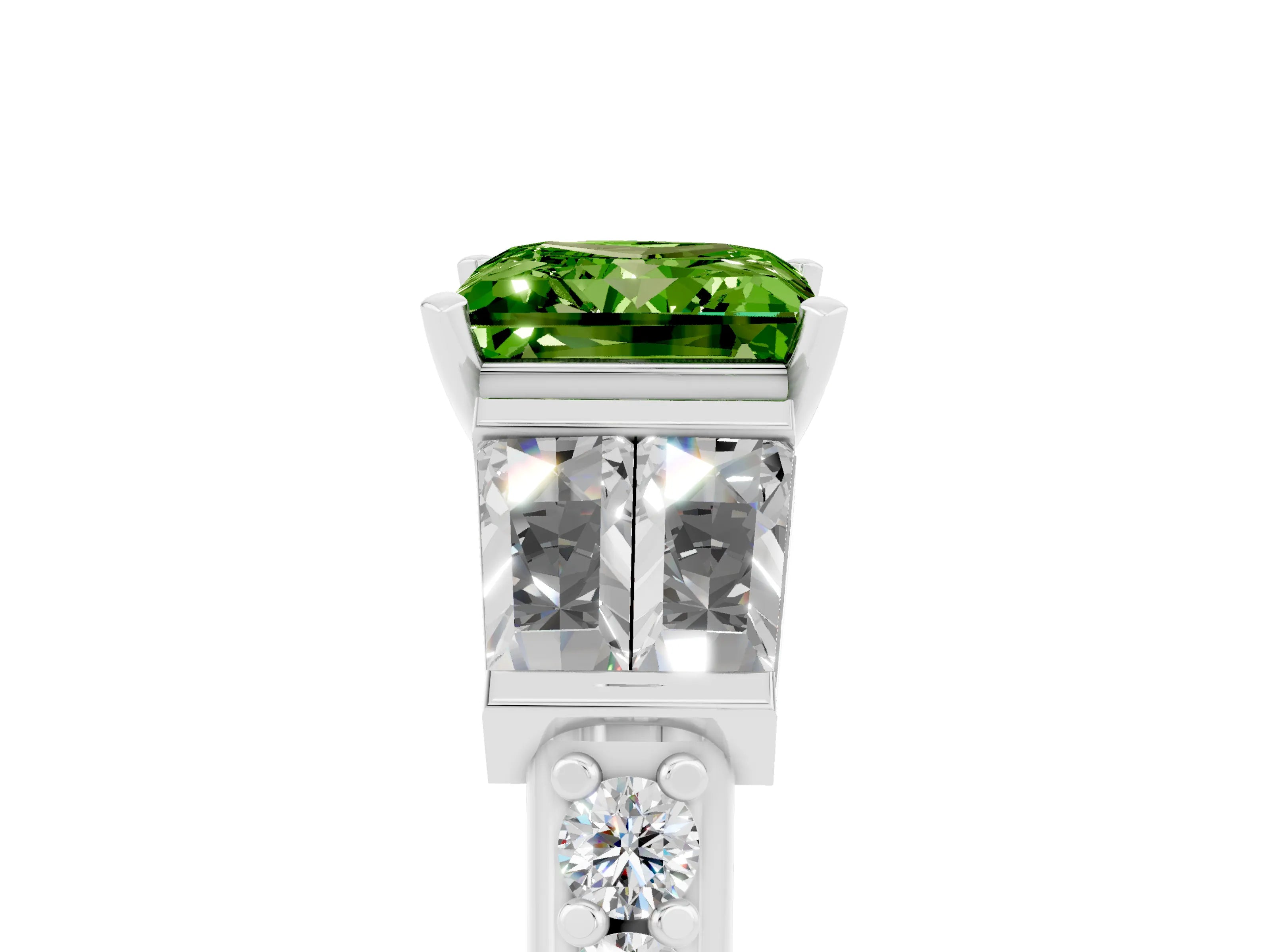 White gold Princess Cut Peridot Engagement Ring with Baguette Side Stones and Channel Set Band_5