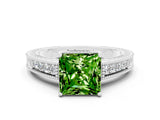 White gold Princess Cut Peridot Engagement Ring with Milgrain Channel Set Band and Prong Setting