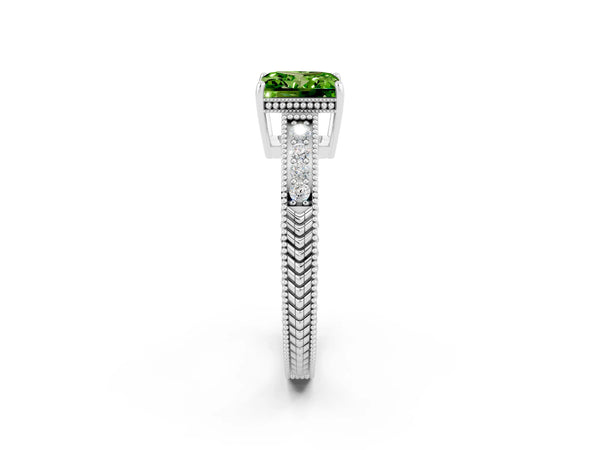 White gold Princess Cut Peridot Engagement Ring with Milgrain Channel Set Band and Prong Setting