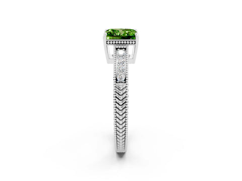 White gold Princess Cut Peridot Engagement Ring with Milgrain Channel Set Band and Prong Setting_2