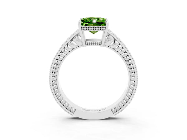 Platinum Princess Cut Peridot Engagement Ring with Milgrain Channel Set Band and Prong Setting