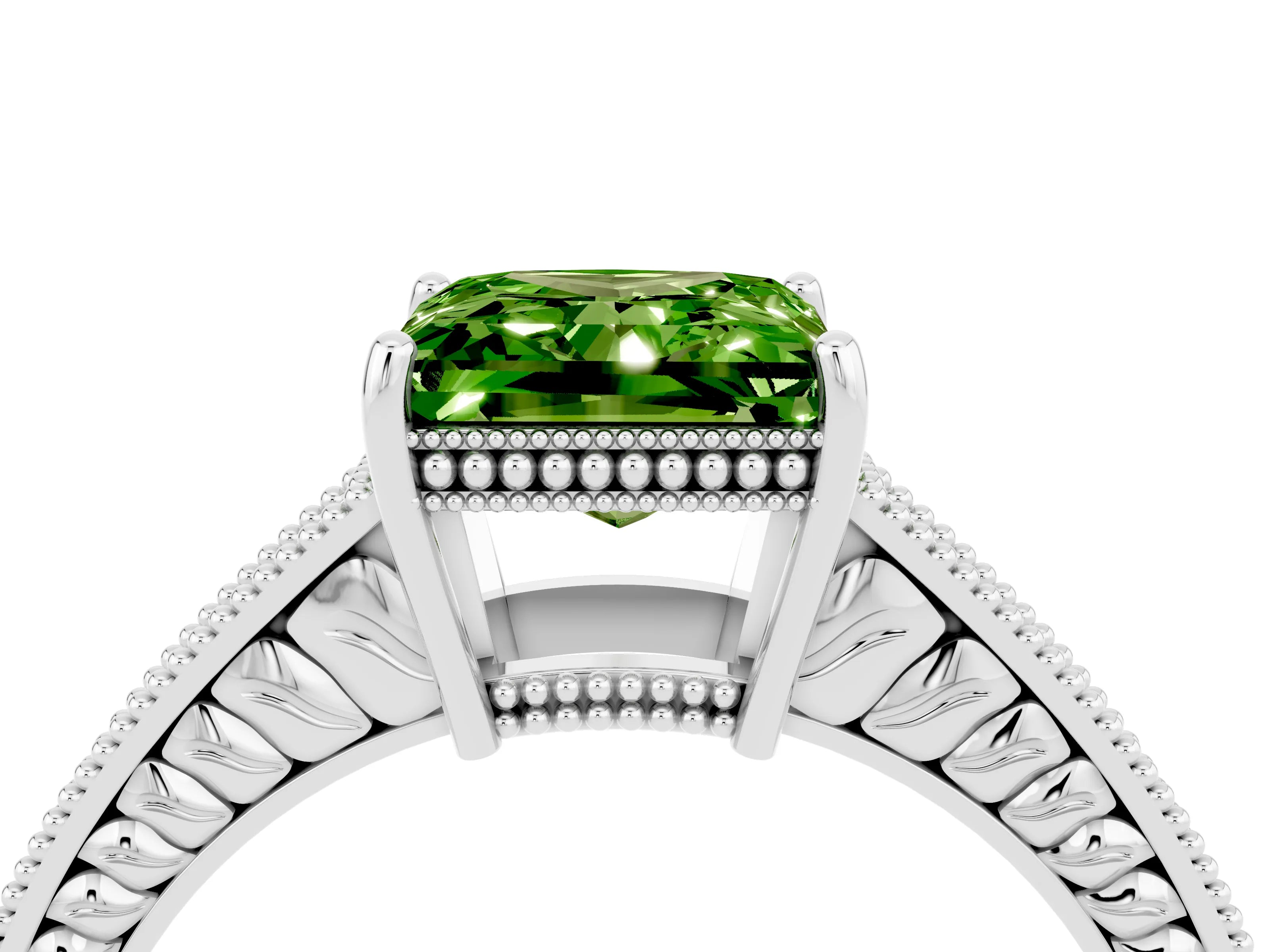 White gold Princess Cut Peridot Engagement Ring with Milgrain Channel Set Band and Prong Setting_4