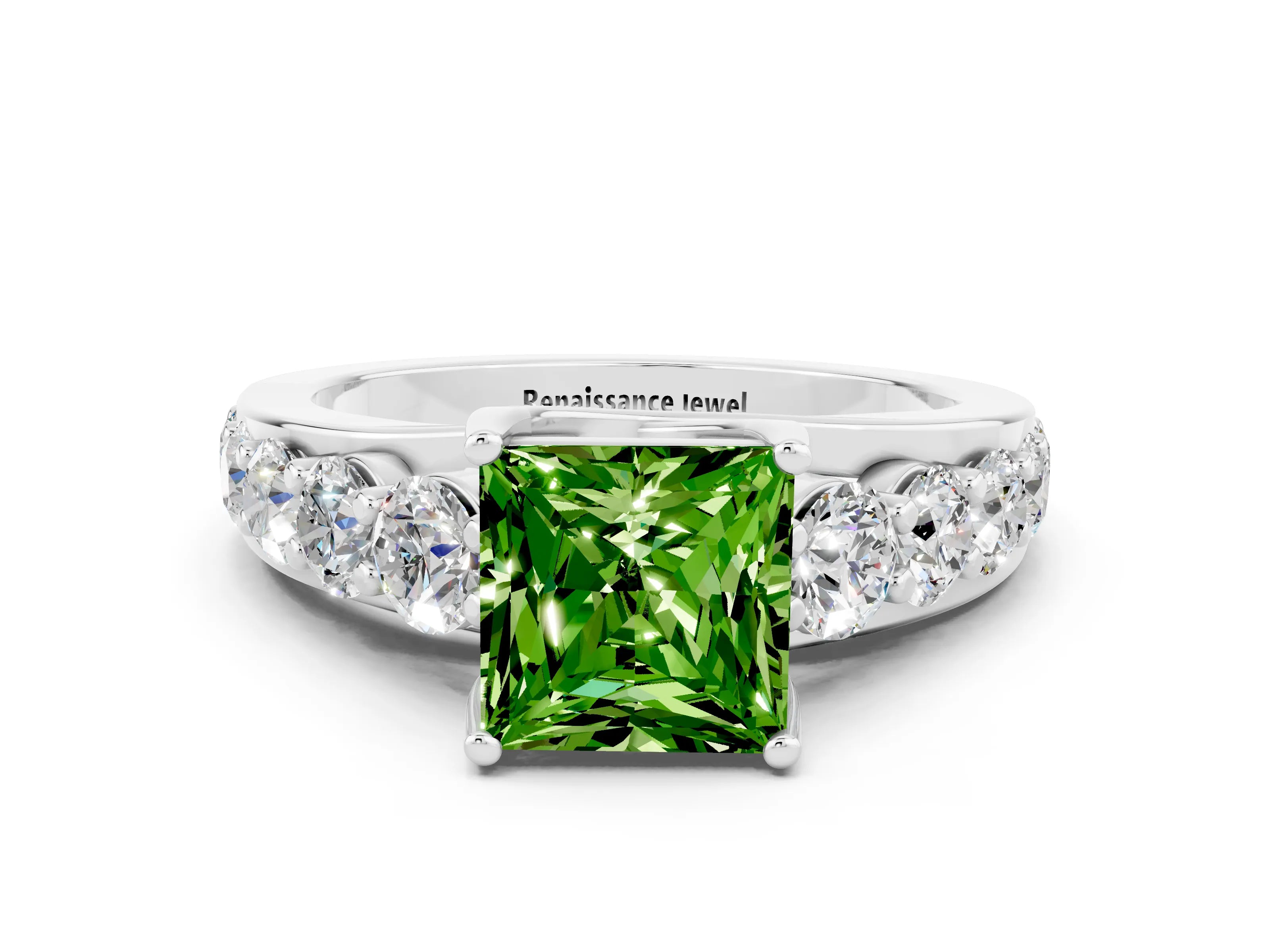 White gold Princess Cut Peridot Engagement Ring with Pavé Band and Four-Prong Setting