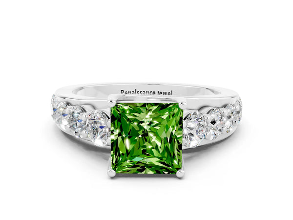 Platinum Princess Cut Peridot Engagement Ring with Pavé Band and Four-Prong Setting