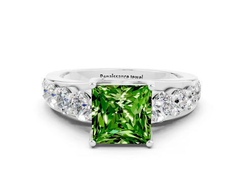 White gold Princess Cut Peridot Engagement Ring with Pavé Band and Four-Prong Setting
