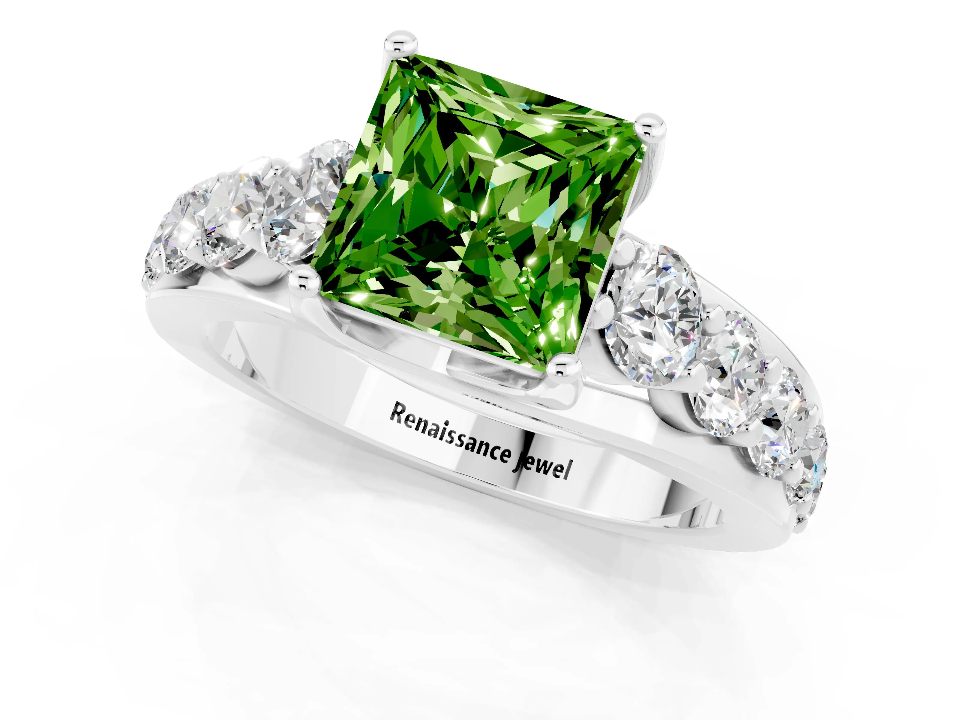 White gold Princess Cut Peridot Engagement Ring with Pavé Band and Four-Prong Setting_1