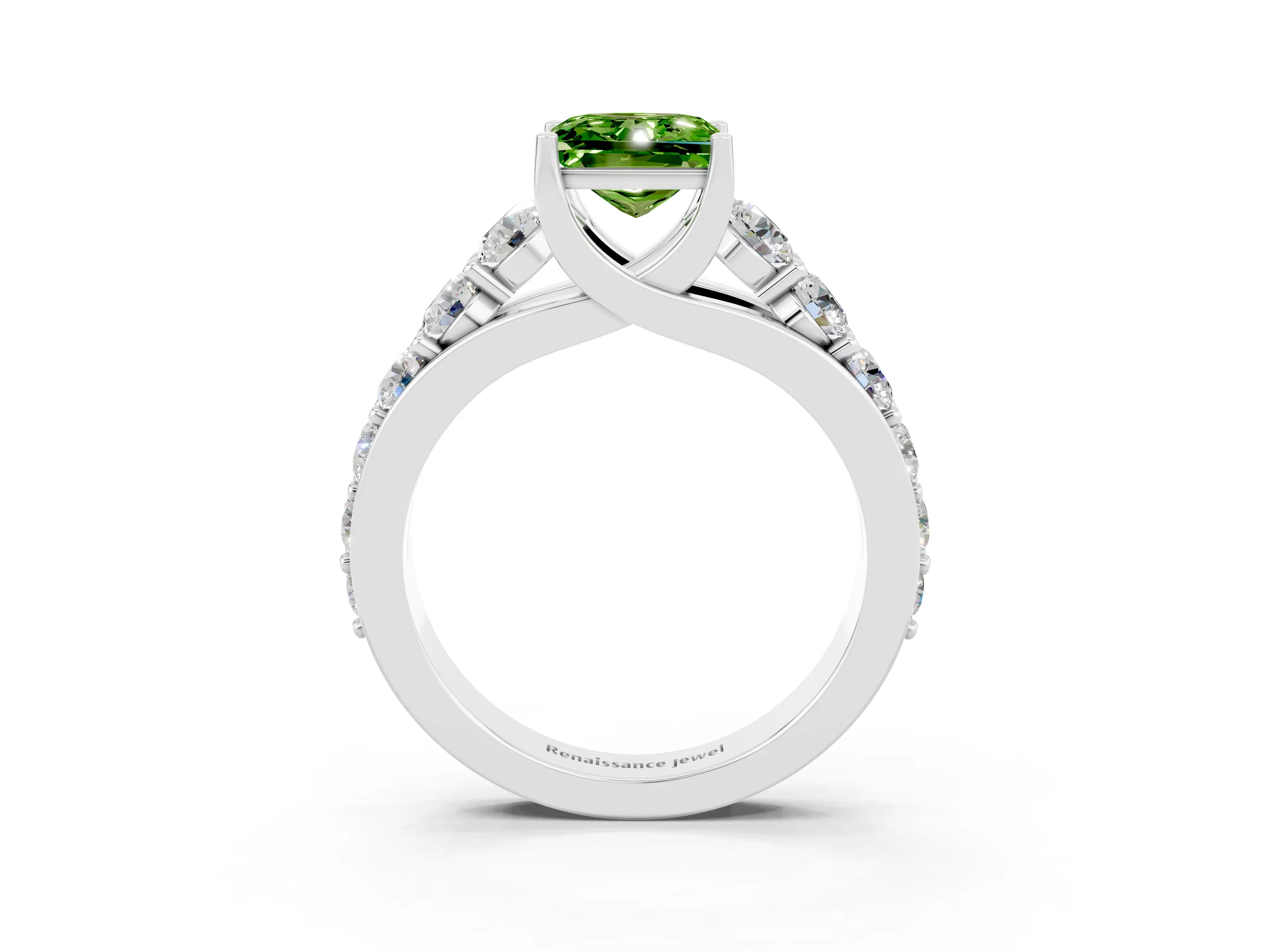 White gold Princess Cut Peridot Engagement Ring with Pavé Band and Four-Prong Setting_3