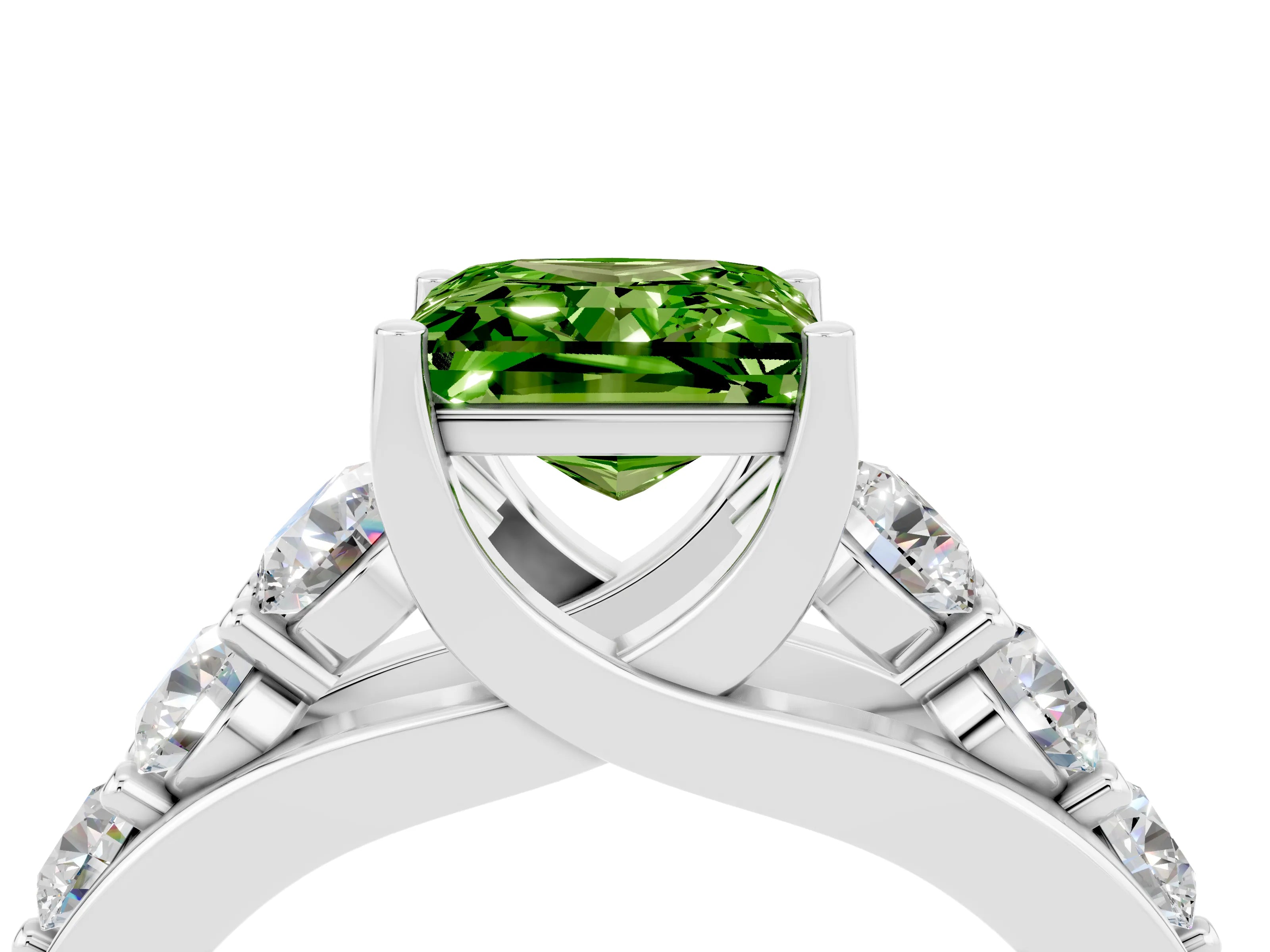 White gold Princess Cut Peridot Engagement Ring with Pavé Band and Four-Prong Setting_4