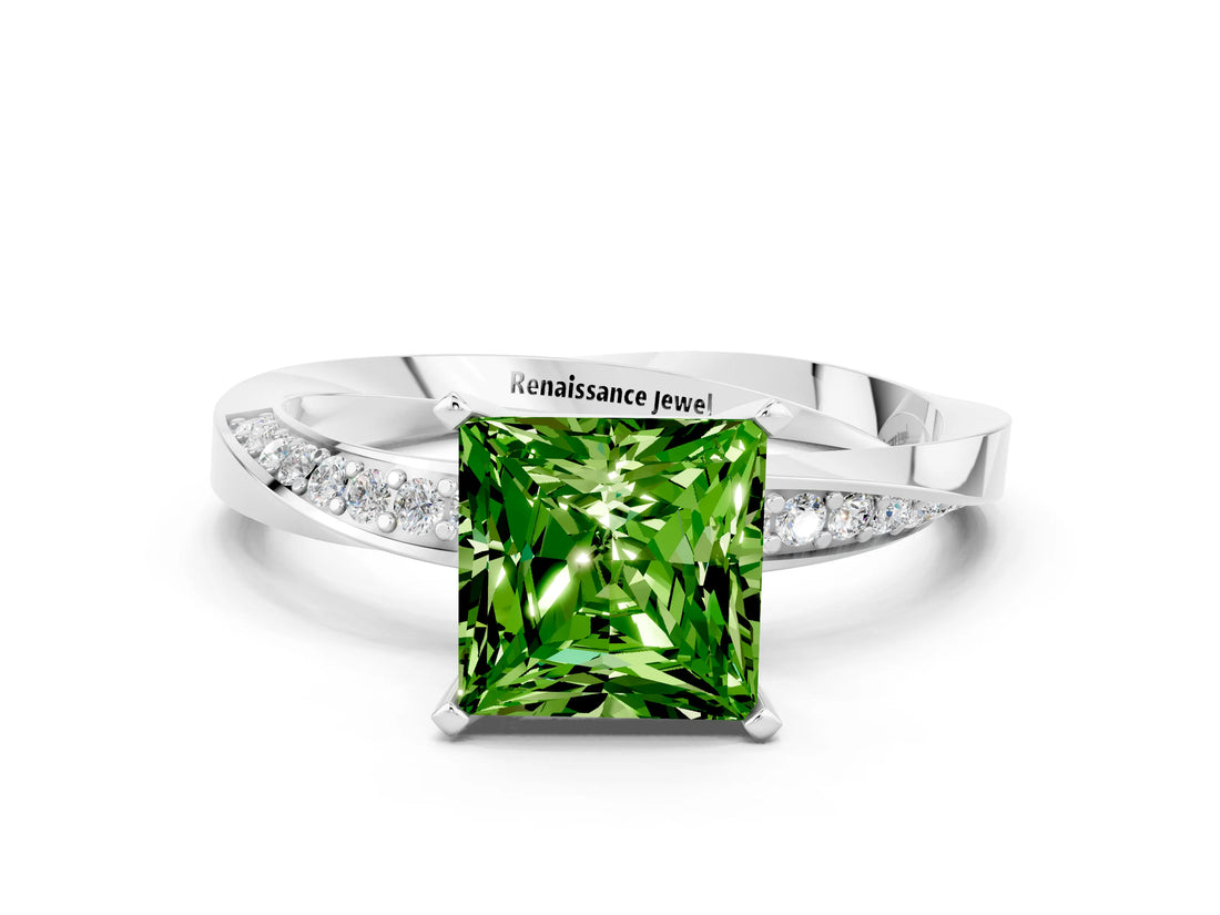 White gold Princess Cut Peridot Engagement Ring with Side Stone Accents and Four-Prong Setting_51