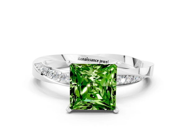 White gold Princess Cut Peridot Engagement Ring with Side Stone Accents and Four-Prong Setting