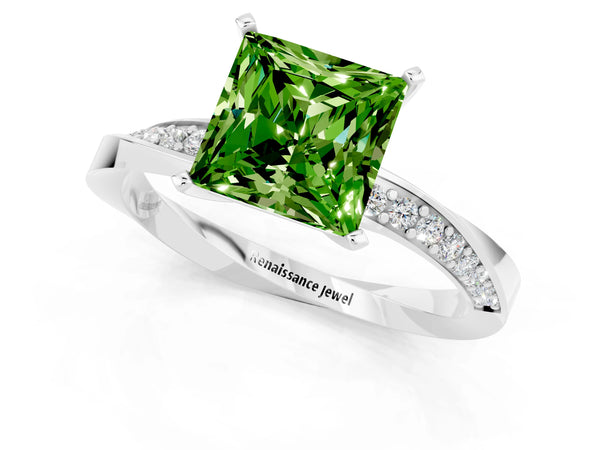 White gold Princess Cut Peridot Engagement Ring with Side Stone Accents and Four-Prong Setting