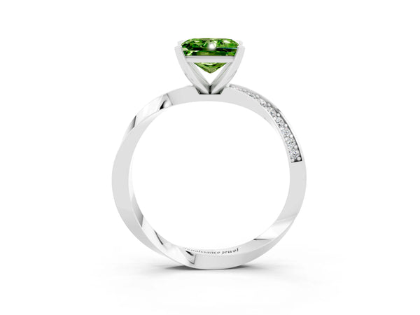 Platinum Princess Cut Peridot Engagement Ring with Side Stone Accents and Four-Prong Setting