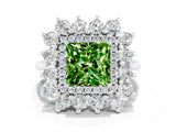 White gold Princess Cut Peridot Floral Double Halo Engagement Ring with Prong Setting_102