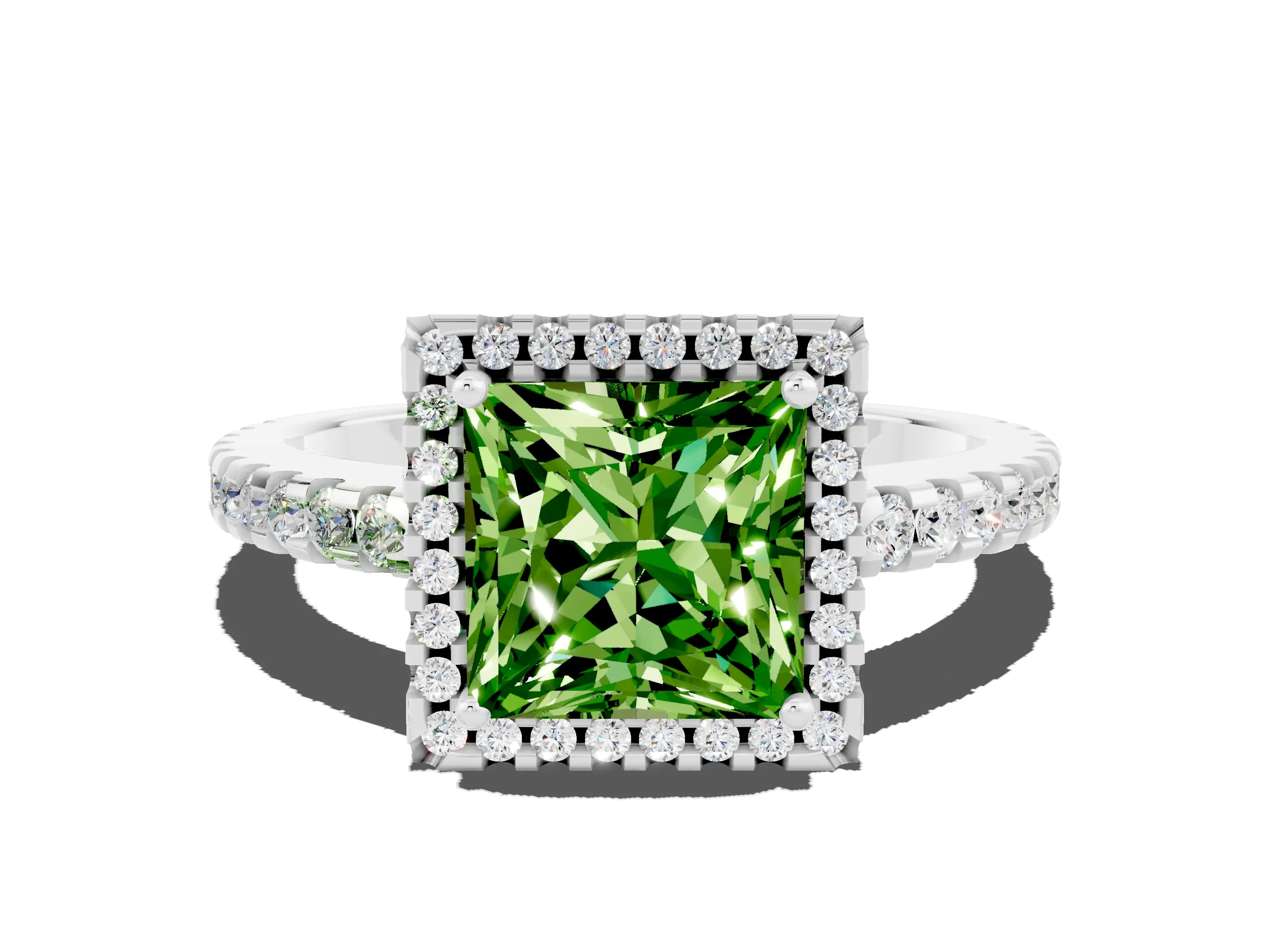 White gold Princess Cut Peridot Halo Engagement Ring with Pavé Band and Prong Setting_12