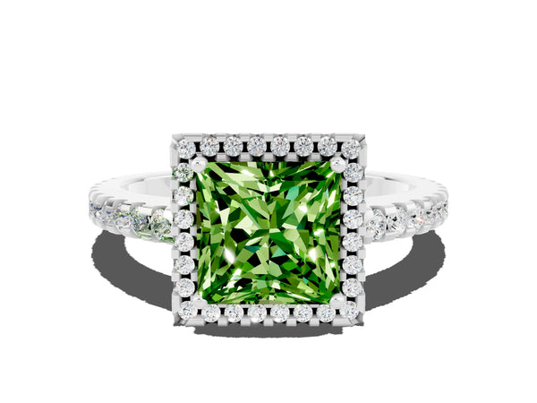 Silver Princess Cut Peridot Halo Engagement Ring with Pavé Band and Prong Setting