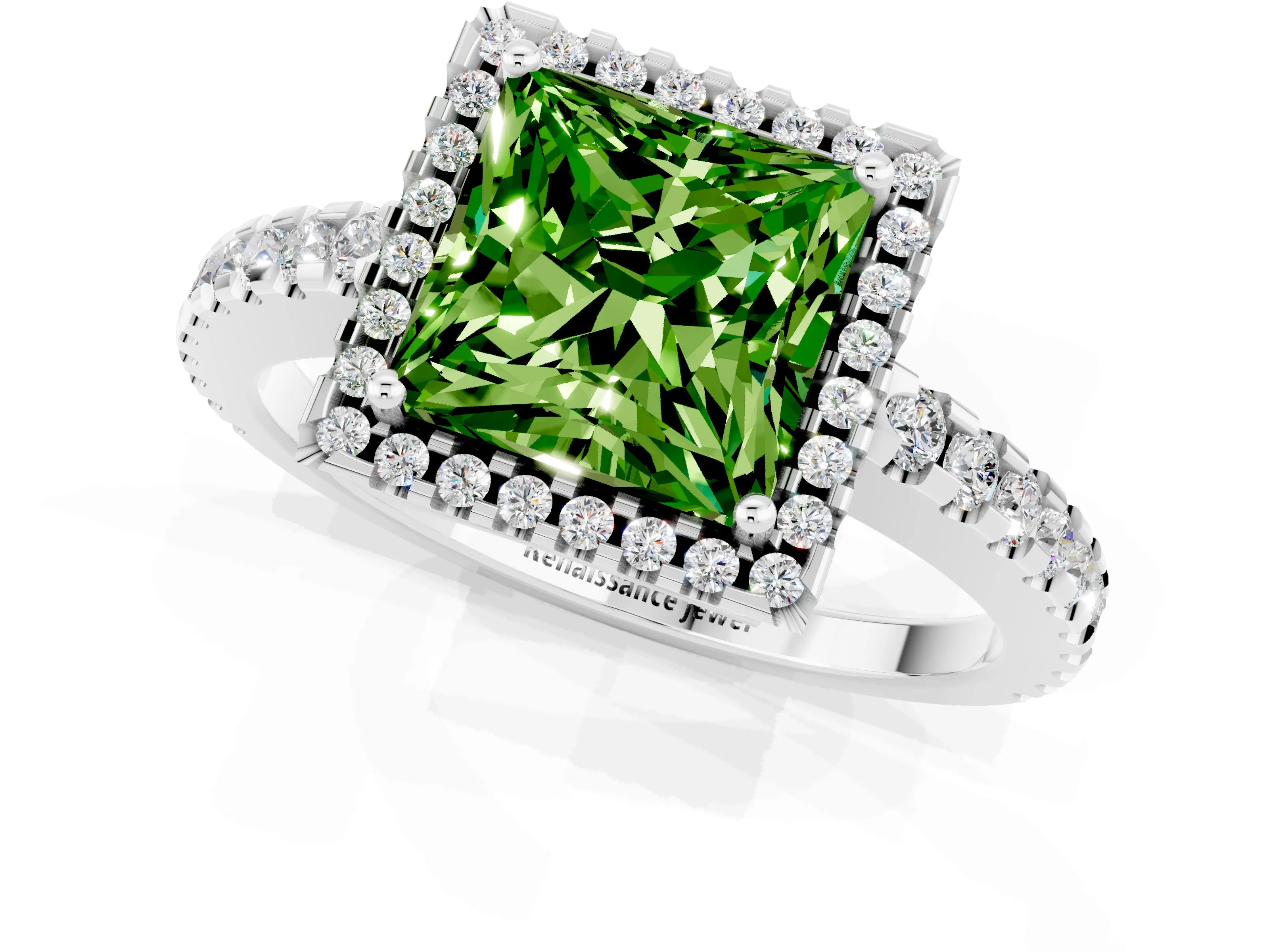 White gold Princess Cut Peridot Halo Engagement Ring with Pavé Band and Prong Setting_13