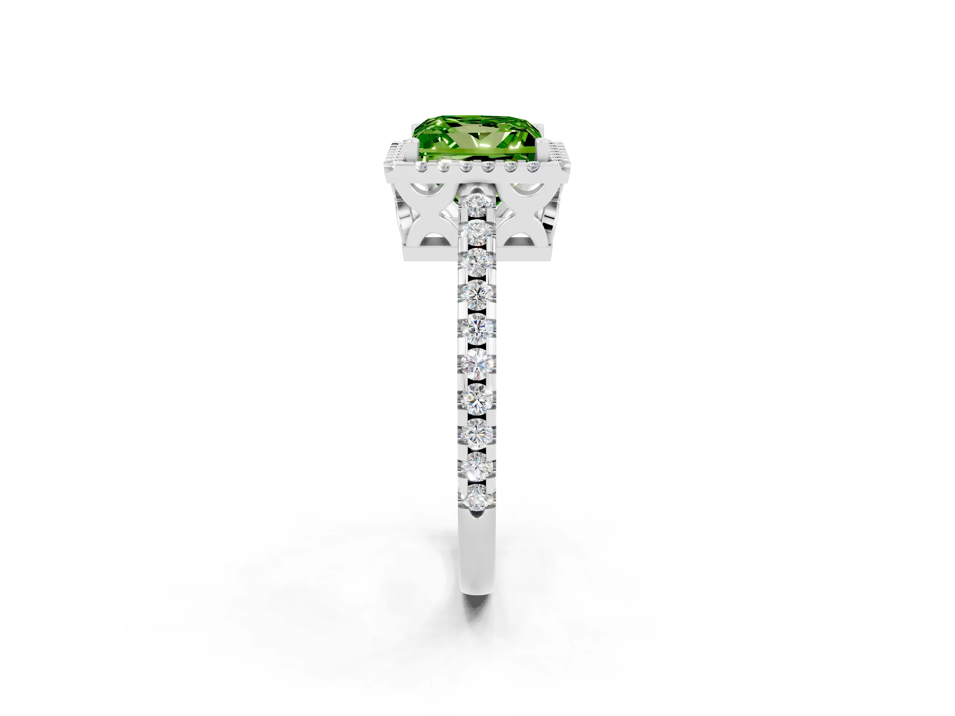 White gold Princess Cut Peridot Halo Engagement Ring with Pavé Band and Prong Setting_14