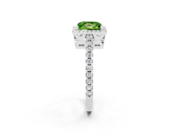 Silver Princess Cut Peridot Halo Engagement Ring with Pavé Band and Prong Setting