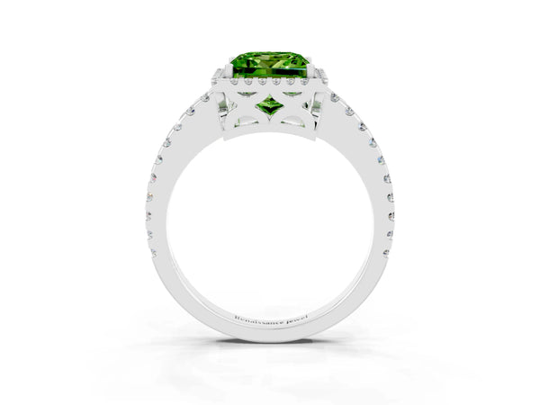 Platinum Princess Cut Peridot Halo Engagement Ring with Pavé Band and Prong Setting