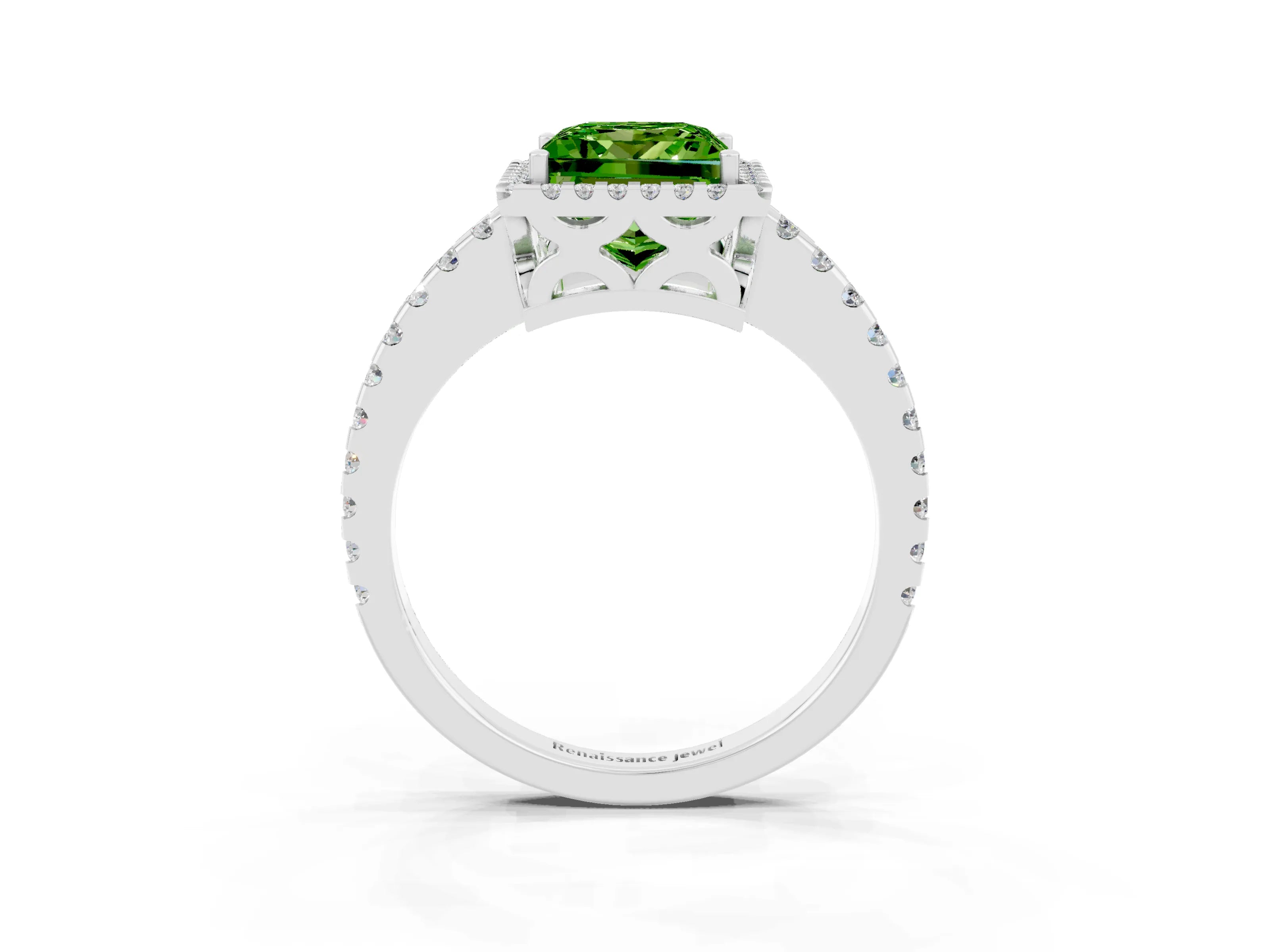 White gold Princess Cut Peridot Halo Engagement Ring with Pavé Band and Prong Setting_15