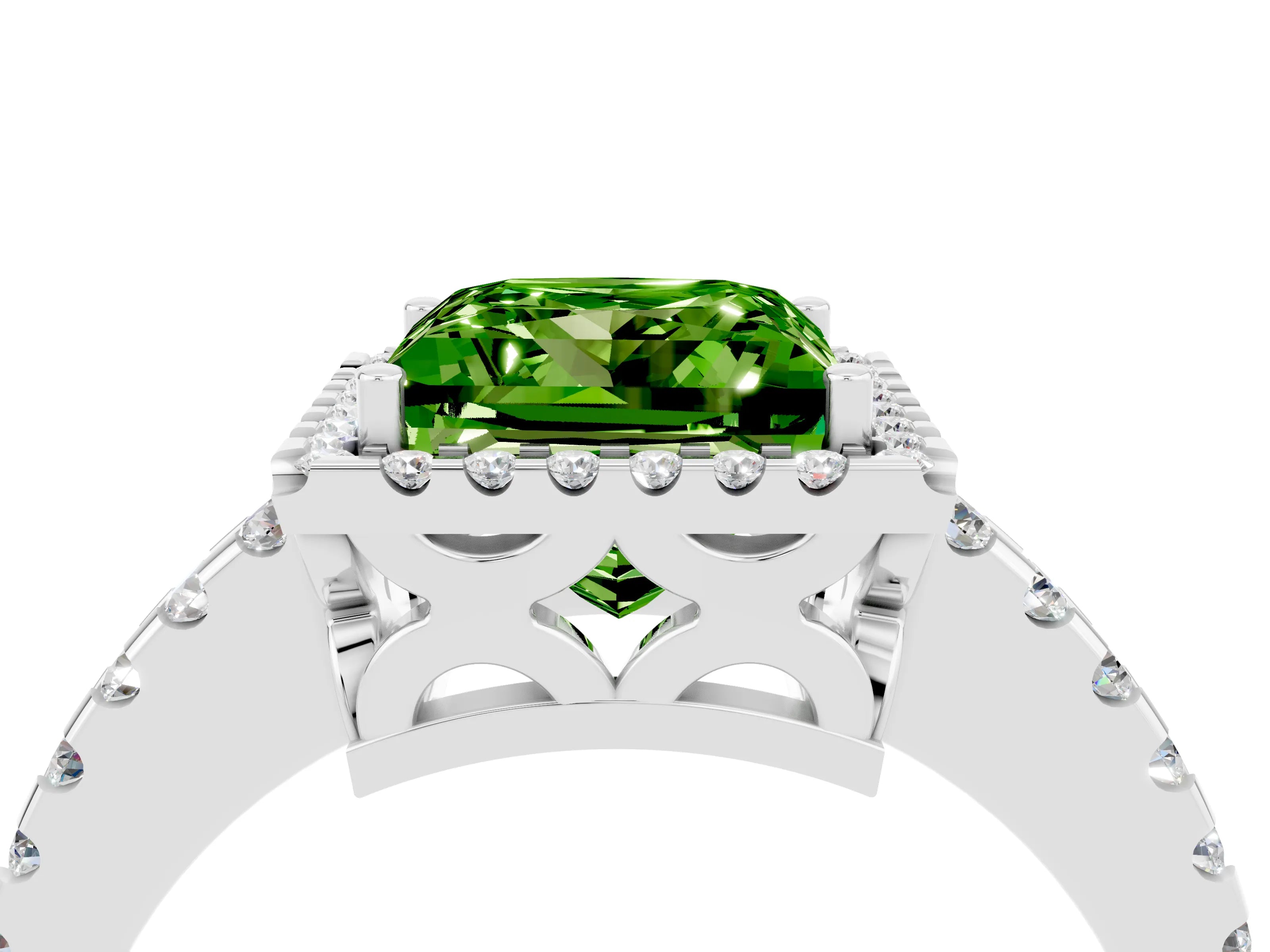White gold Princess Cut Peridot Halo Engagement Ring with Pavé Band and Prong Setting_16