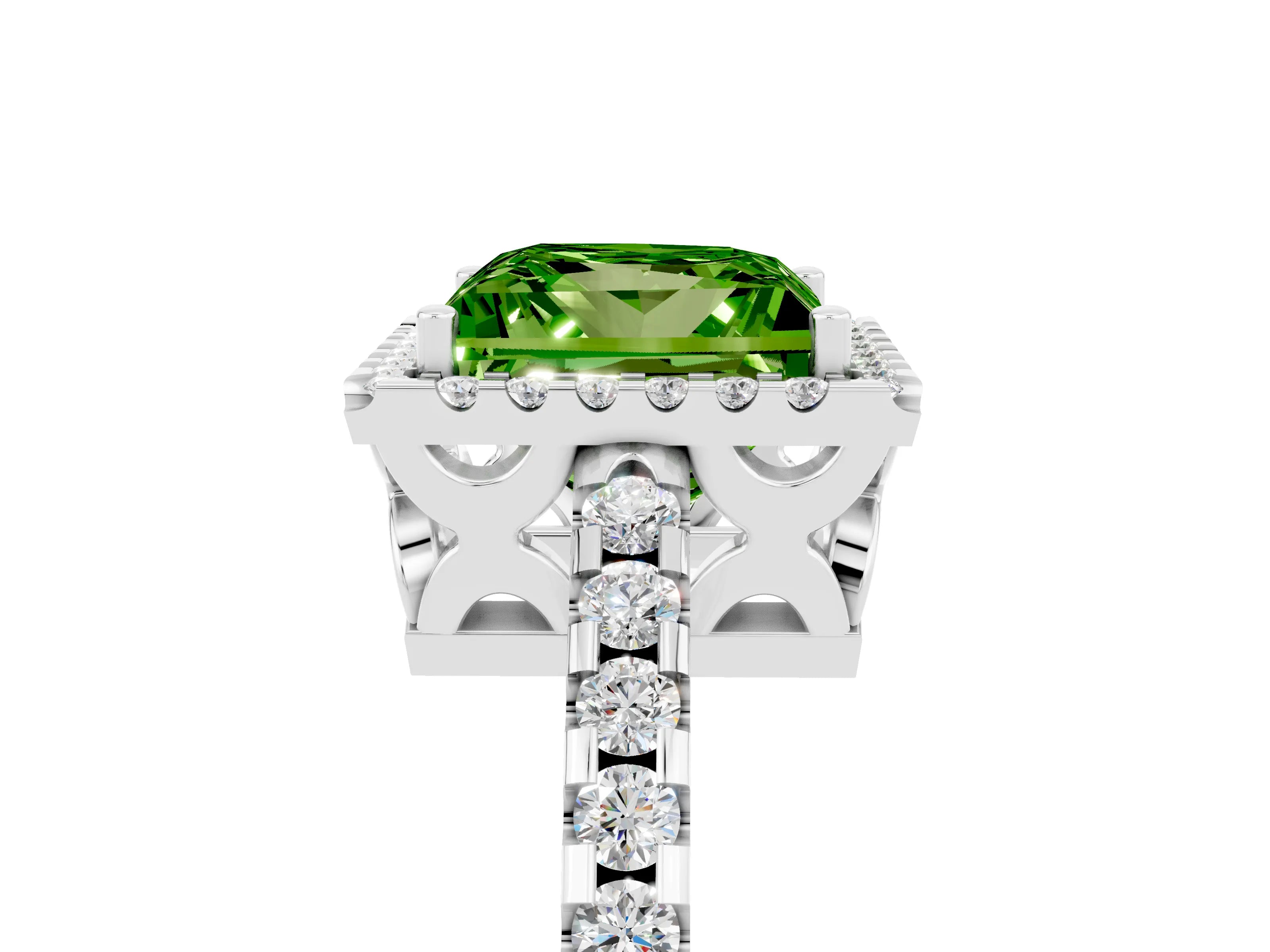 White gold Princess Cut Peridot Halo Engagement Ring with Pavé Band and Prong Setting_17