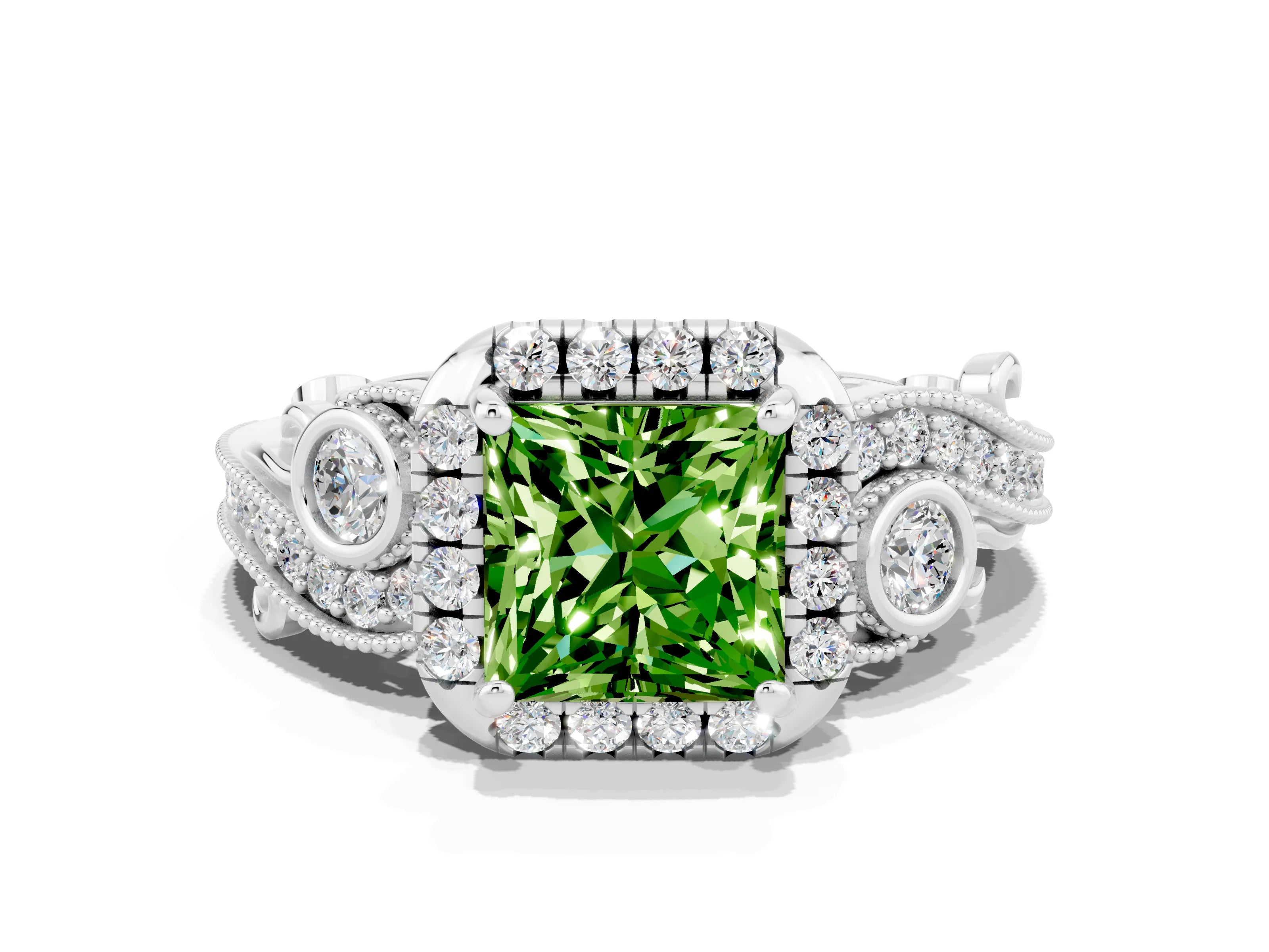 White gold Princess Cut Peridot Halo Ring with Milgrain Pavé Band and Four-Prong Setting_12