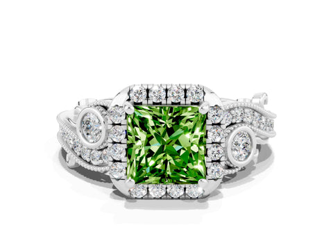 White gold Princess Cut Peridot Halo Ring with Milgrain Pavé Band and Four-Prong Setting_12