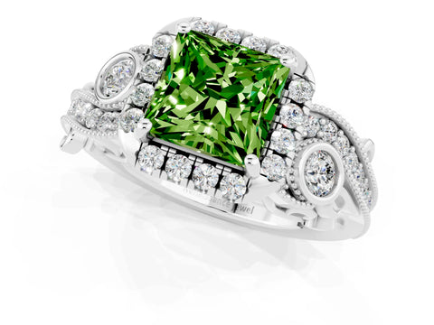 White gold Princess Cut Peridot Halo Ring with Milgrain Pavé Band and Four-Prong Setting_13