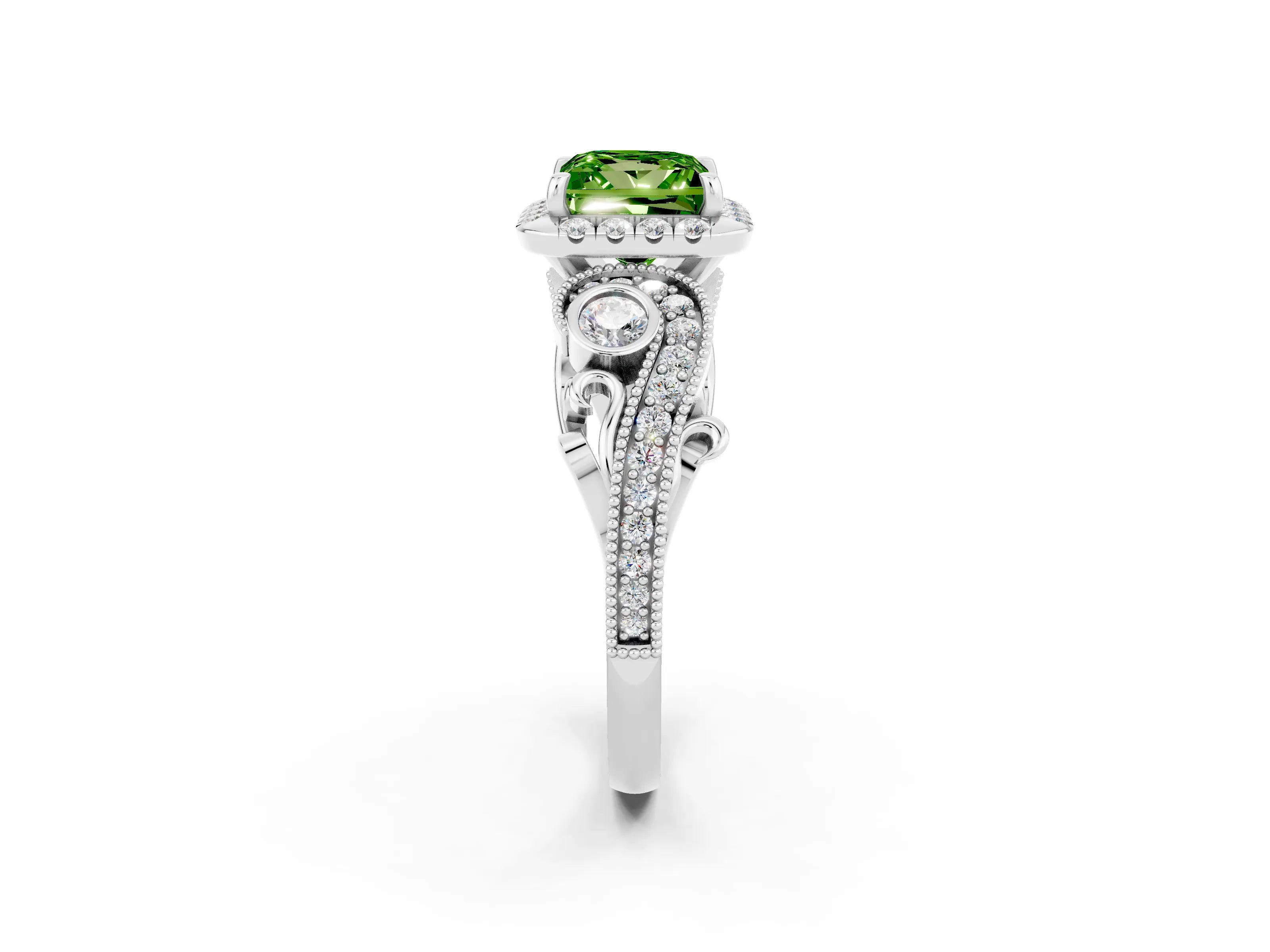 White gold Princess Cut Peridot Halo Ring with Milgrain Pavé Band and Four-Prong Setting_14