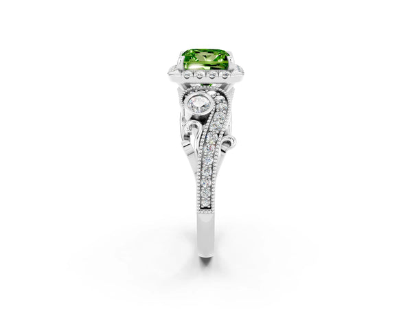 Silver Princess Cut Peridot Halo Ring with Milgrain Pavé Band and Four-Prong Setting