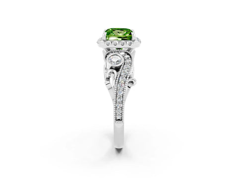 White gold Princess Cut Peridot Halo Ring with Milgrain Pavé Band and Four-Prong Setting_14