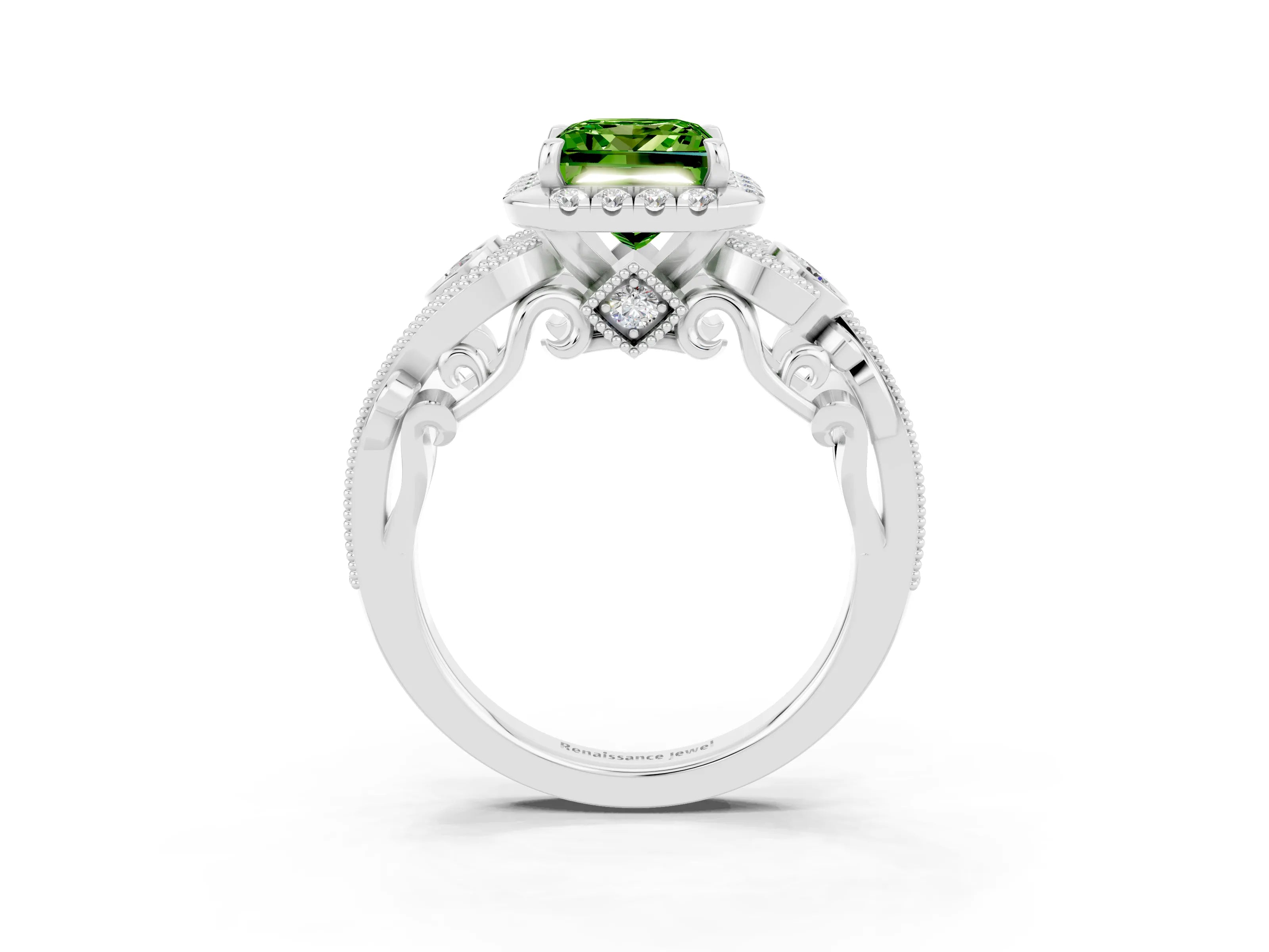 White gold Princess Cut Peridot Halo Ring with Milgrain Pavé Band and Four-Prong Setting_15