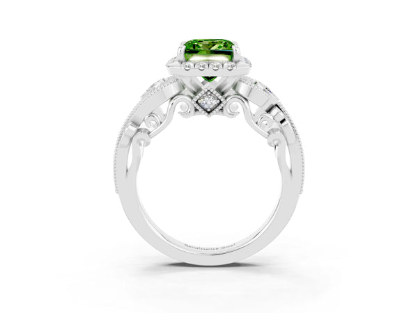 White gold Princess Cut Peridot Halo Ring with Milgrain Pavé Band and Four-Prong Setting