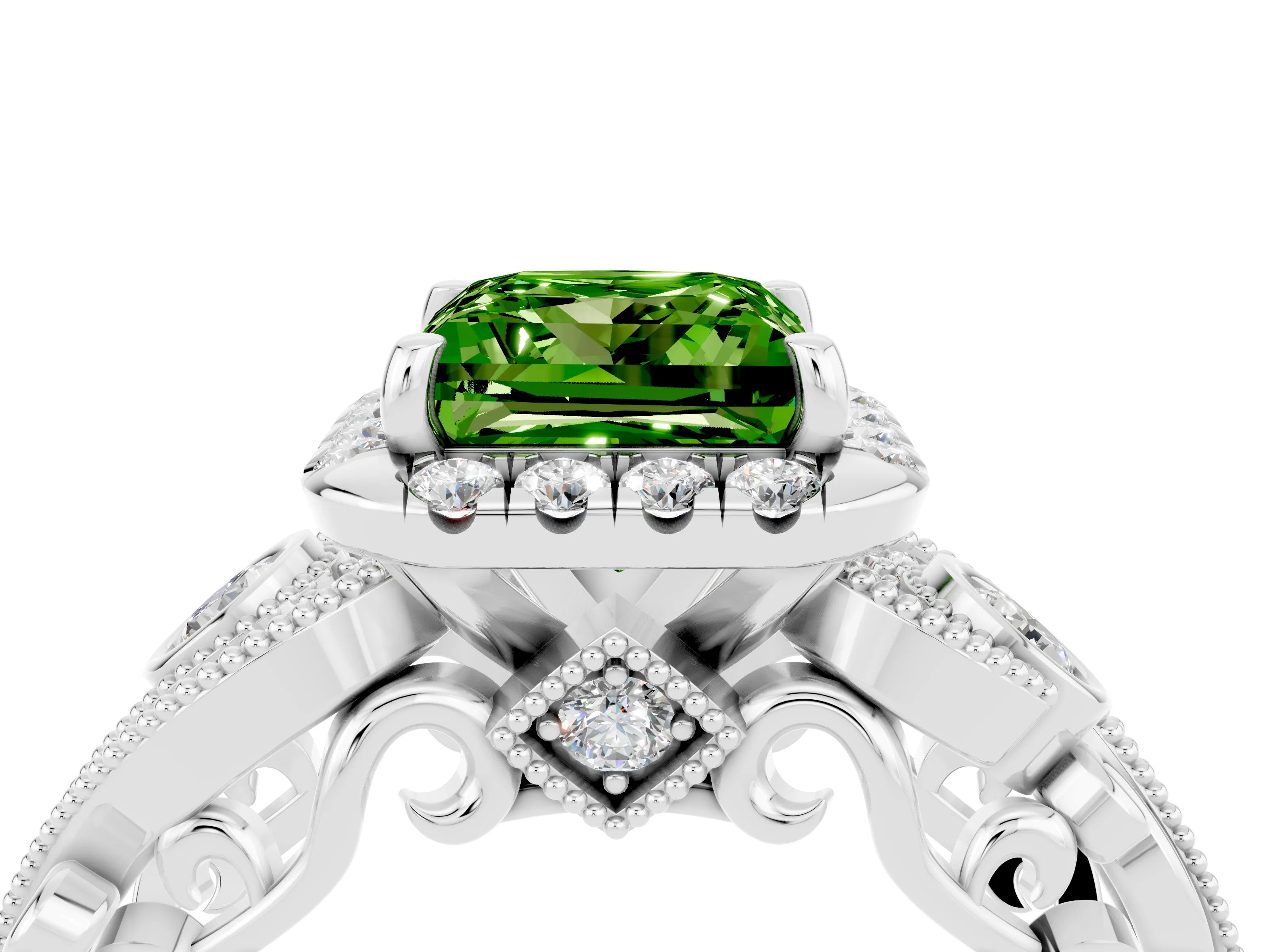 White gold Princess Cut Peridot Halo Ring with Milgrain Pavé Band and Four-Prong Setting_16