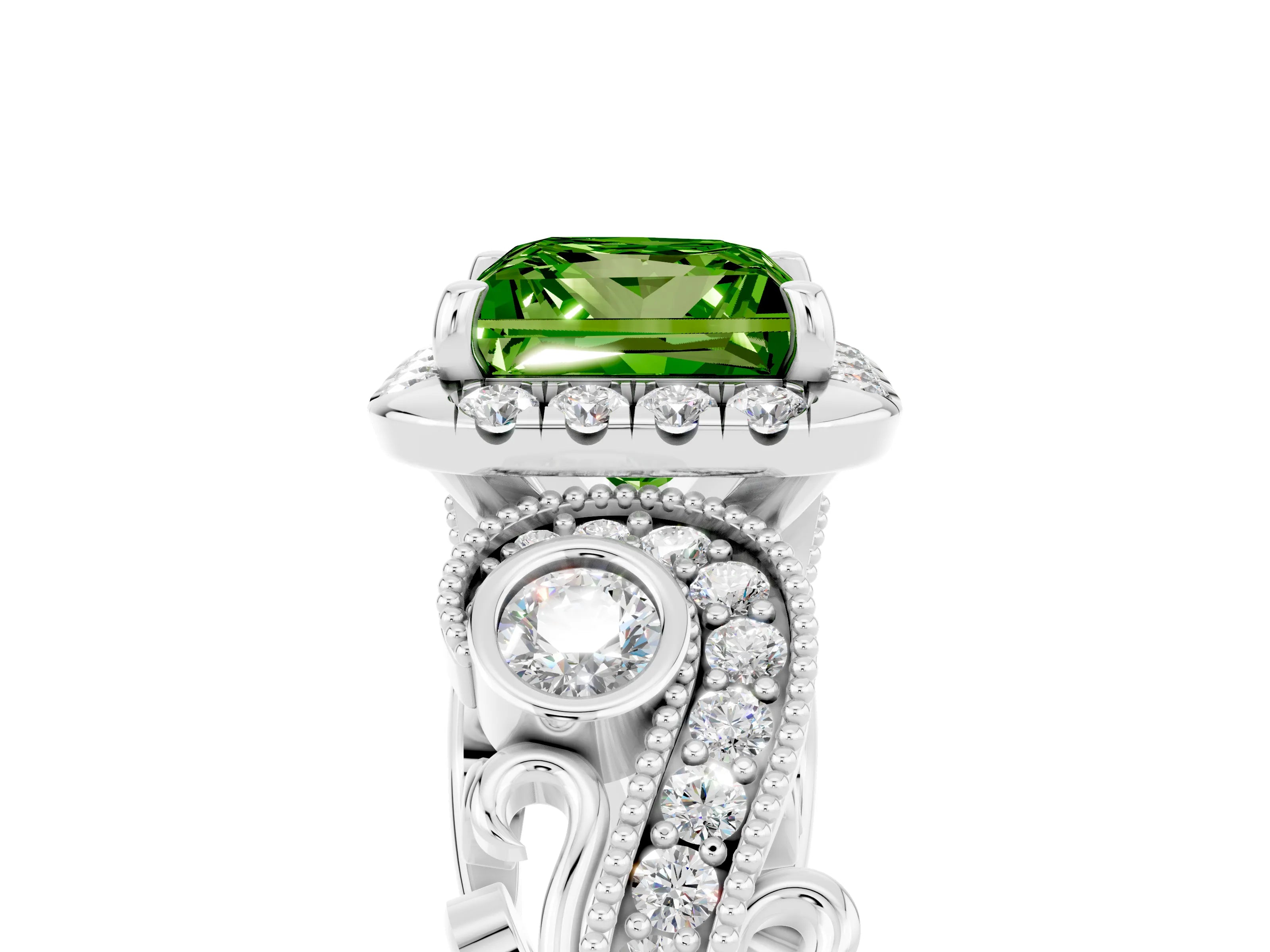 White gold Princess Cut Peridot Halo Ring with Milgrain Pavé Band and Four-Prong Setting_17
