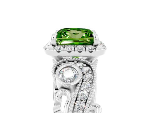 White gold Princess Cut Peridot Halo Ring with Milgrain Pavé Band and Four-Prong Setting_17