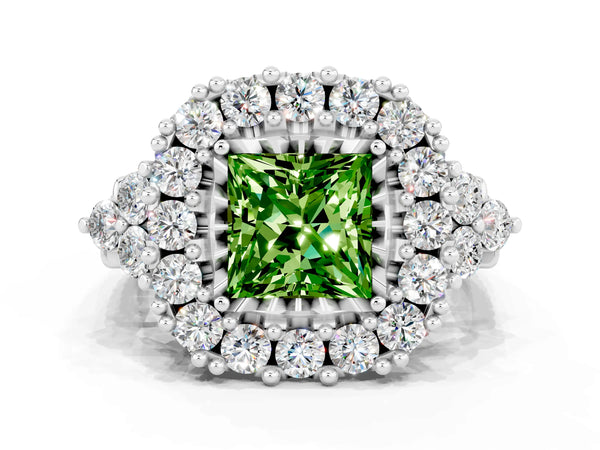 Silver Princess Cut Peridot Halo Ring with Pavé Band and Four-Prong Setting