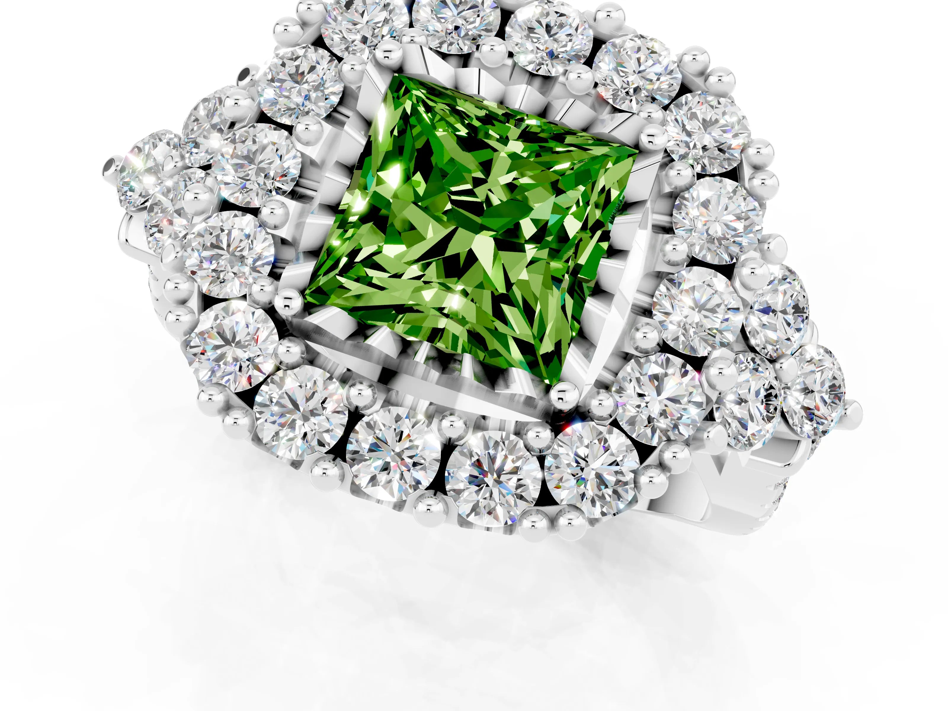 White gold Princess Cut Peridot Halo Ring with Pavé Band and Four-Prong Setting_13