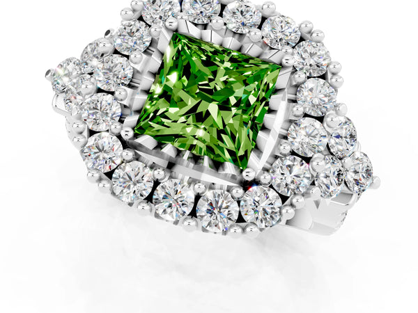 White gold Princess Cut Peridot Halo Ring with Pavé Band and Four-Prong Setting