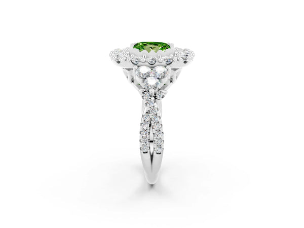 Platinum Princess Cut Peridot Halo Ring with Pavé Band and Four-Prong Setting