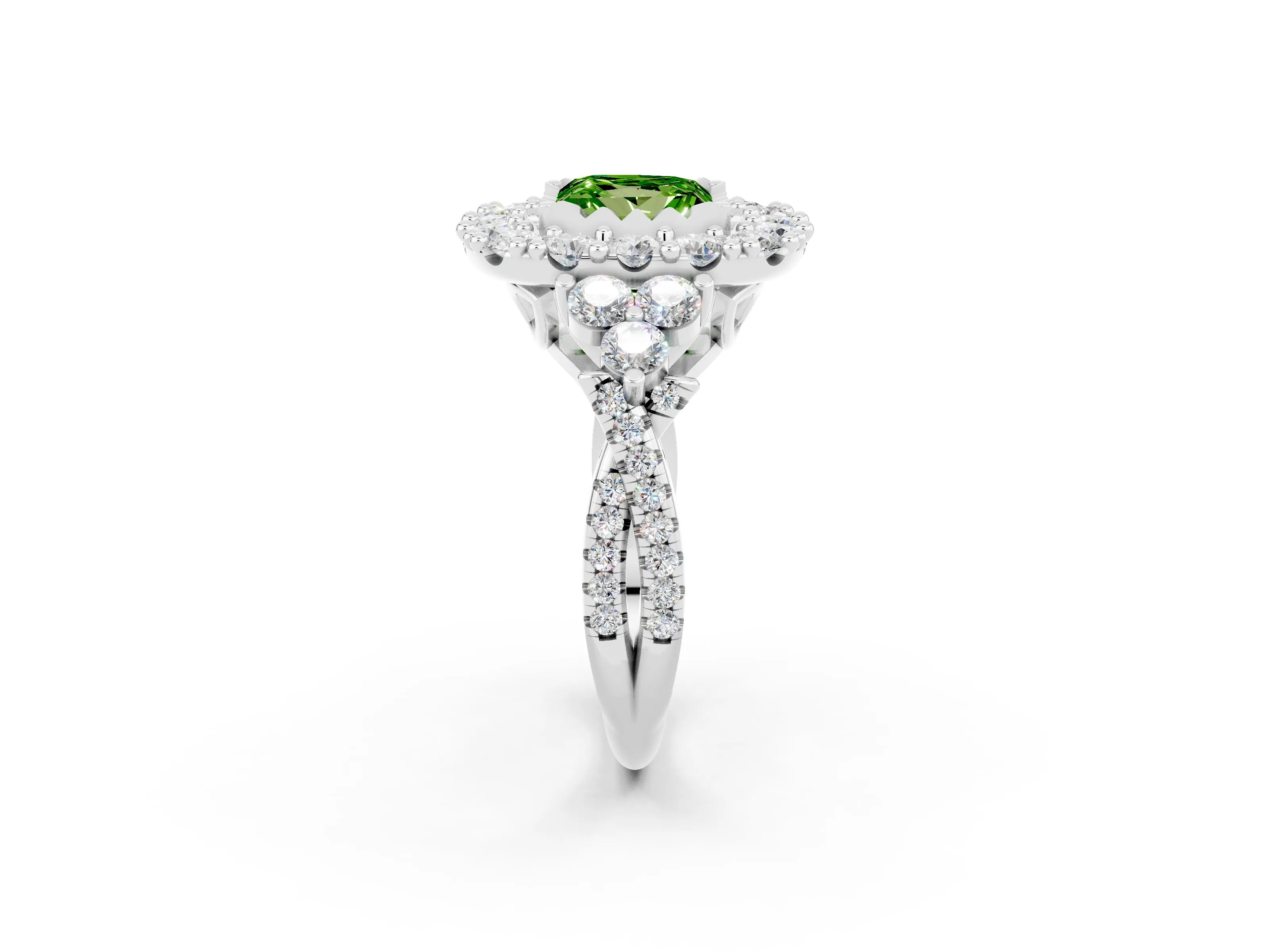 White gold Princess Cut Peridot Halo Ring with Pavé Band and Four-Prong Setting_14