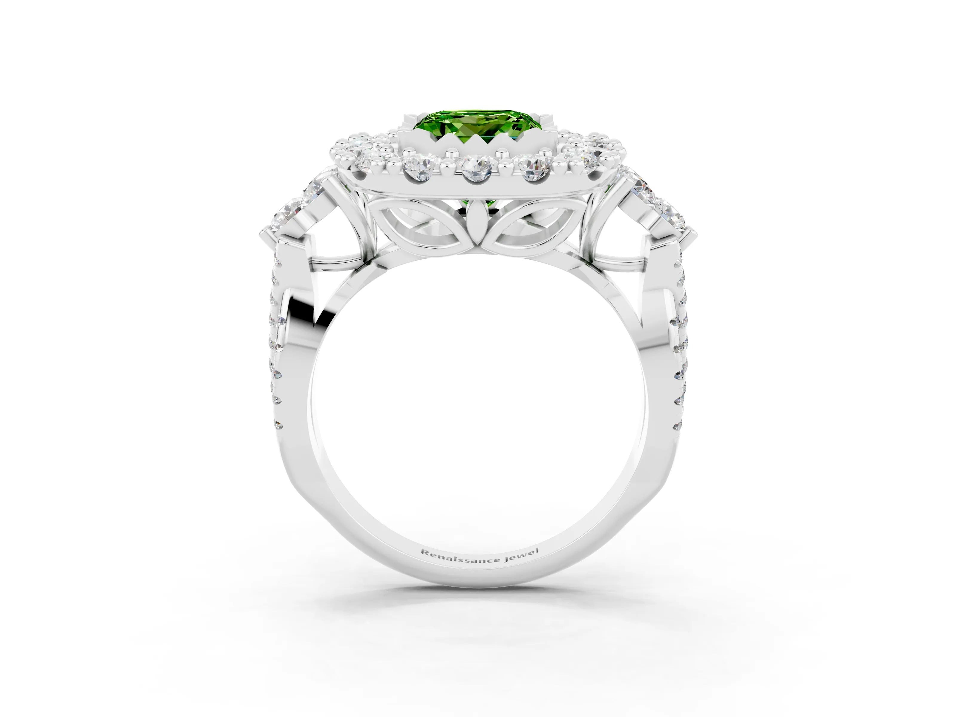 White gold Princess Cut Peridot Halo Ring with Pavé Band and Four-Prong Setting_15