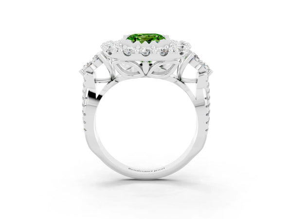 Silver Princess Cut Peridot Halo Ring with Pavé Band and Four-Prong Setting
