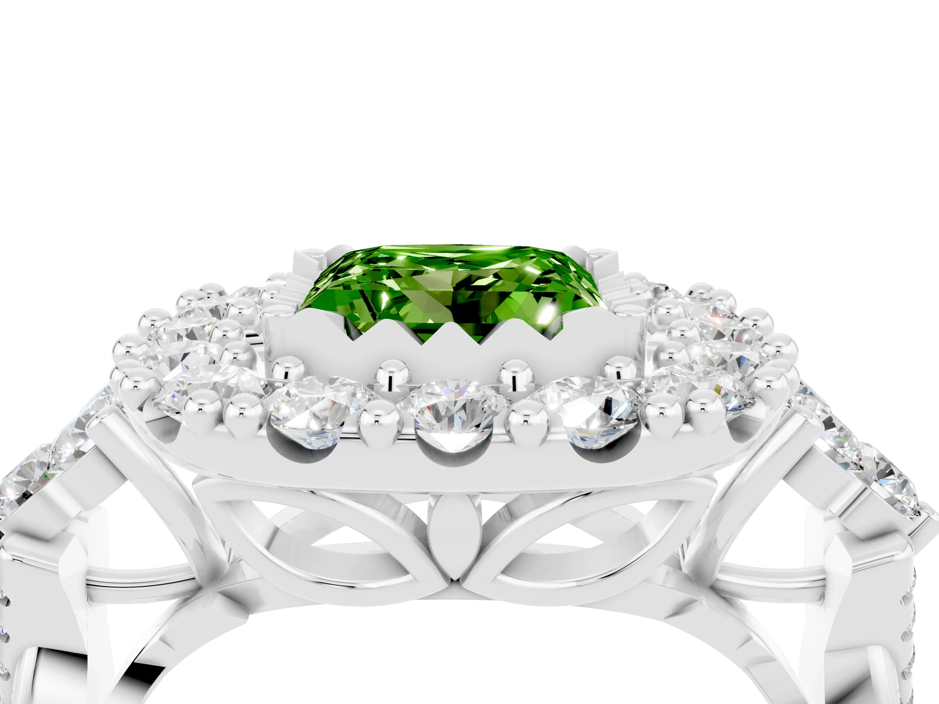 White gold Princess Cut Peridot Halo Ring with Pavé Band and Four-Prong Setting_16
