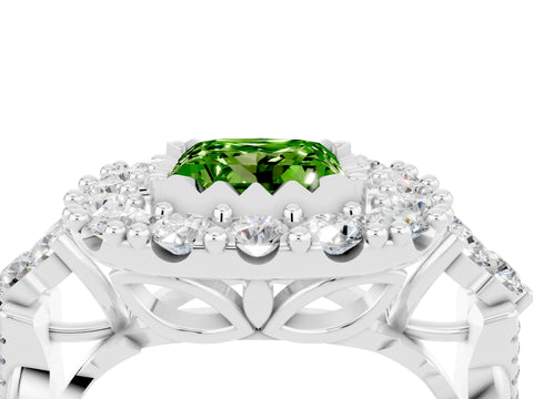 White gold Princess Cut Peridot Halo Ring with Pavé Band and Four-Prong Setting_16