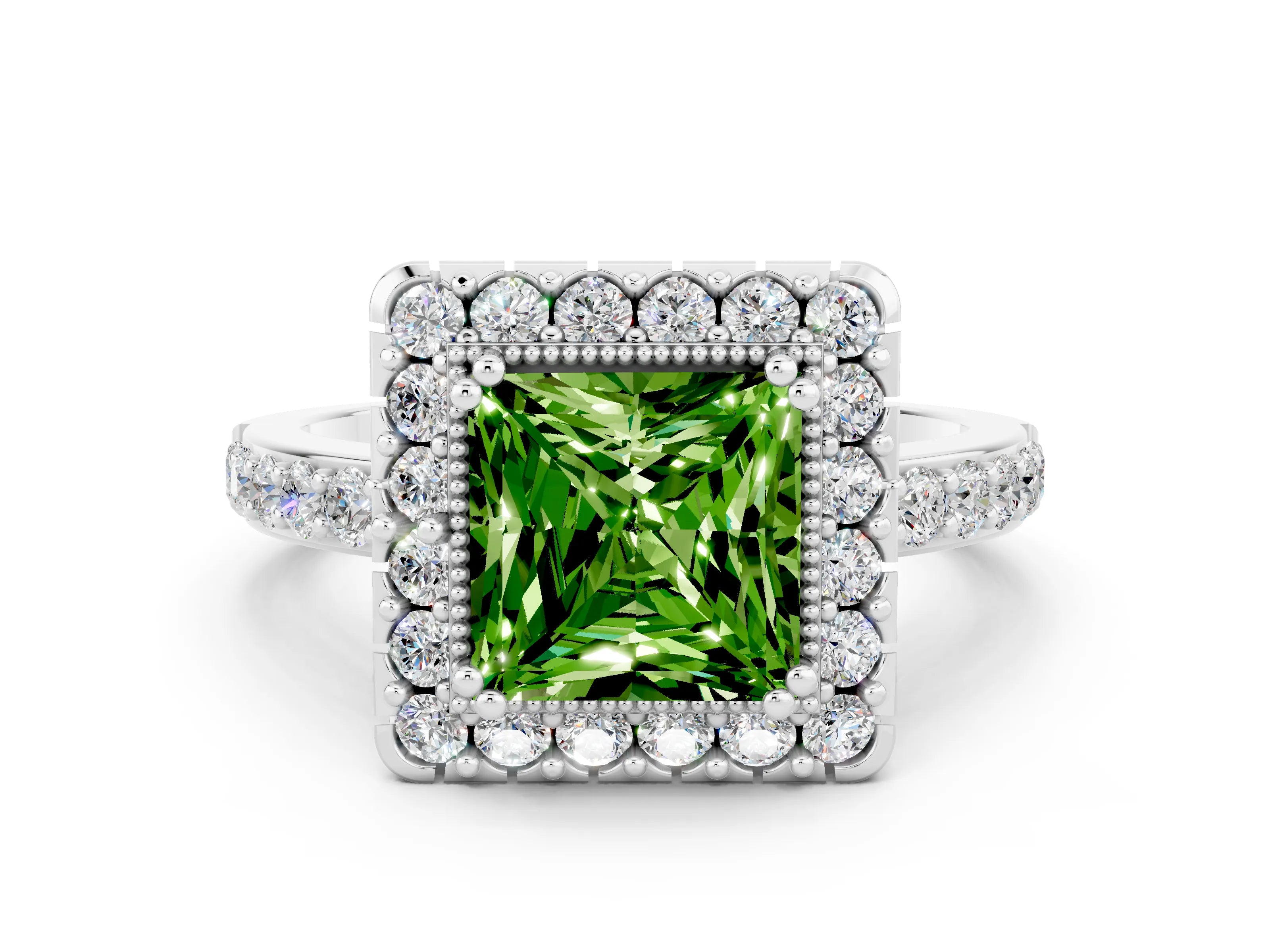 White gold Princess Cut Peridot Halo Ring with Pavé Band and Prong Setting