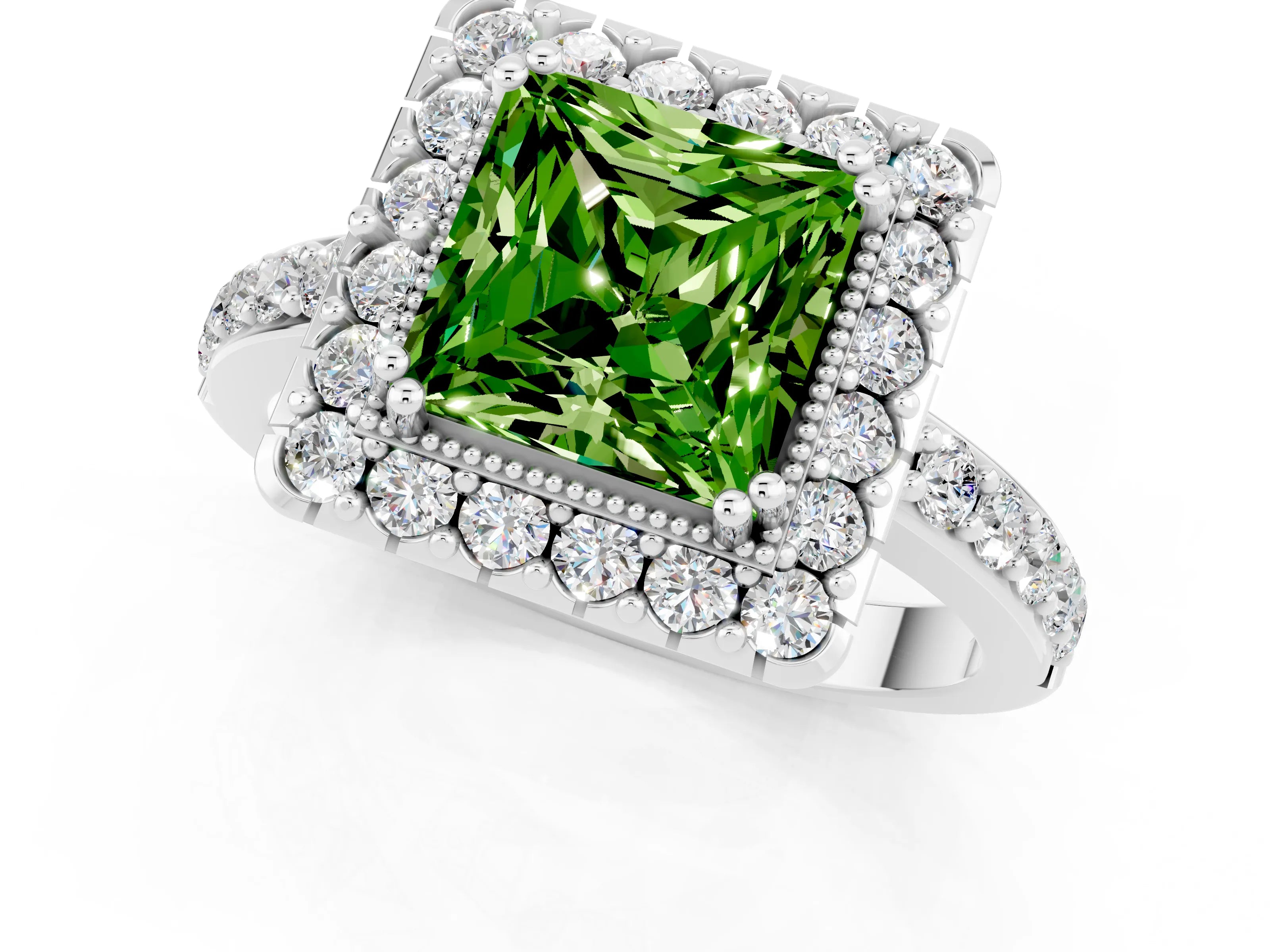 White gold Princess Cut Peridot Halo Ring with Pavé Band and Prong Setting_1